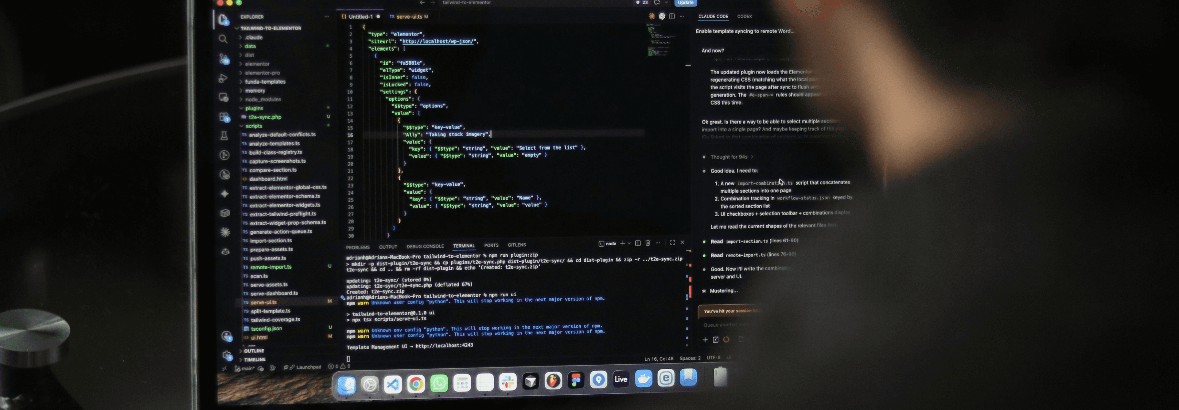 Dark code editor on a computer monitor with JSON code and a right-side notes panel on a desk.